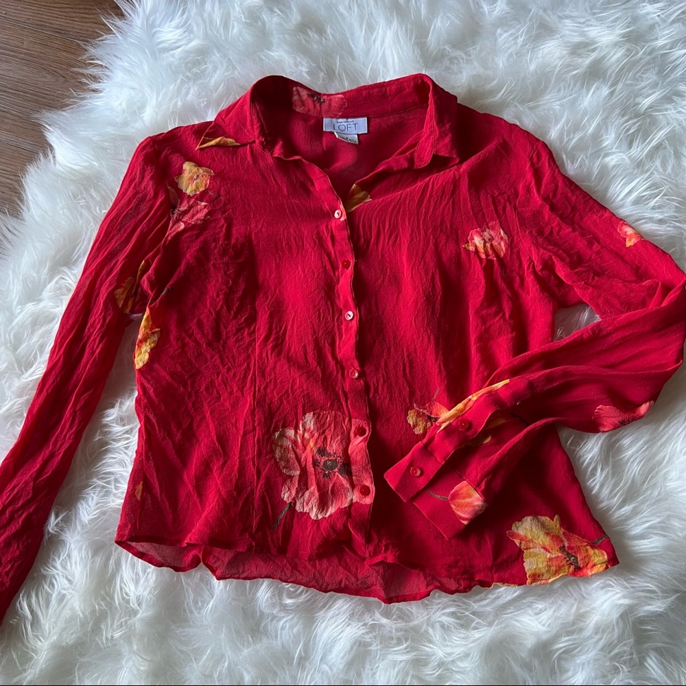 Loft 100% Silk Red Floral Blouse